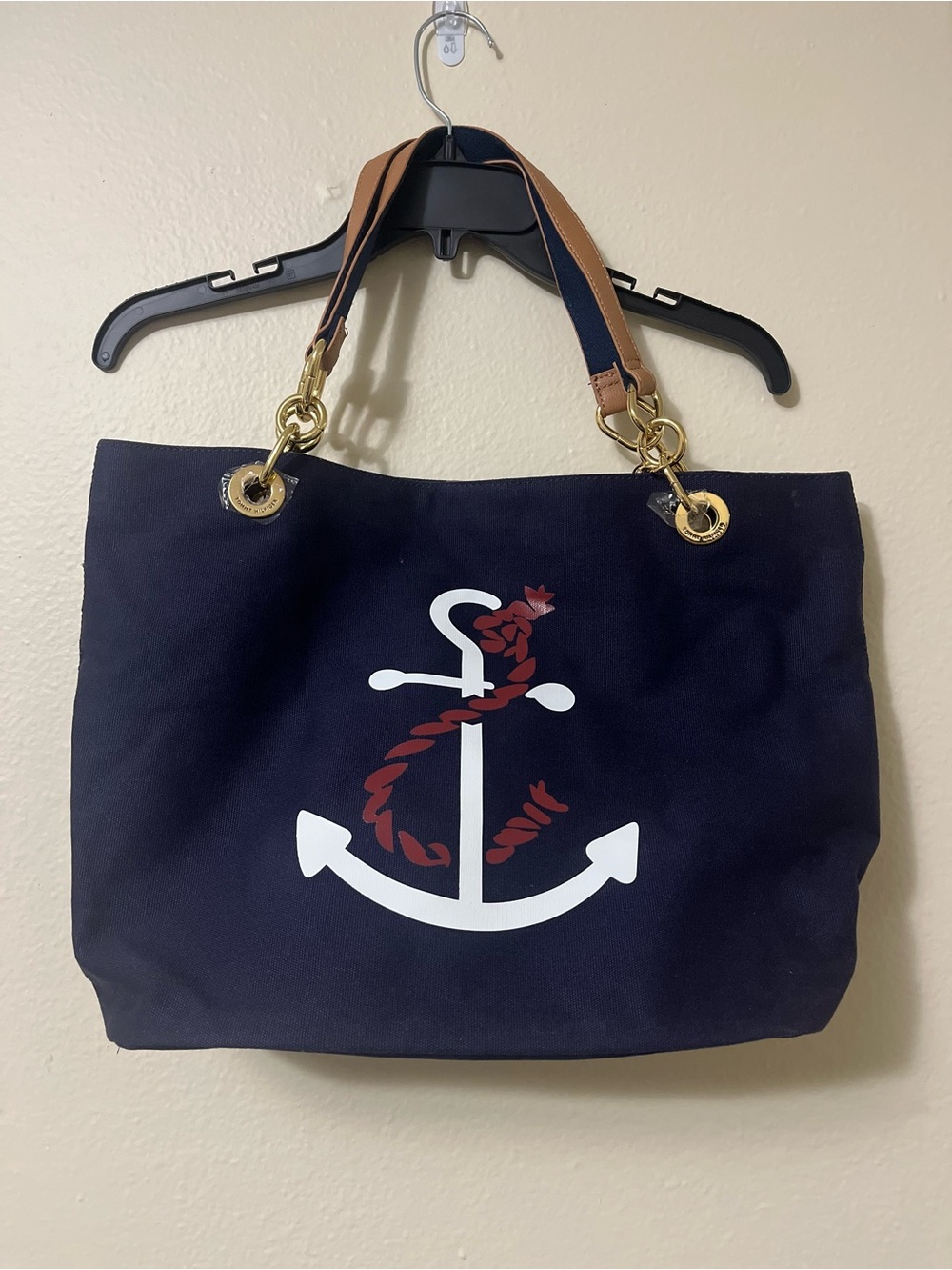 BNWT Tommy Hilfiger Navy Anchor Canvas Tote with Tan Handles